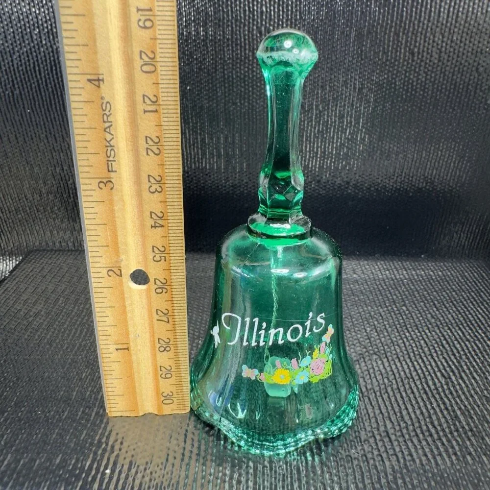 Vintage Illinois State Green Glass Bell Applied Flowers Glassware Figurine Decor